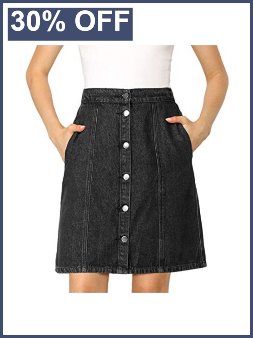 A-Line Button Down Denim Skirt Knee Length High Waist Casual